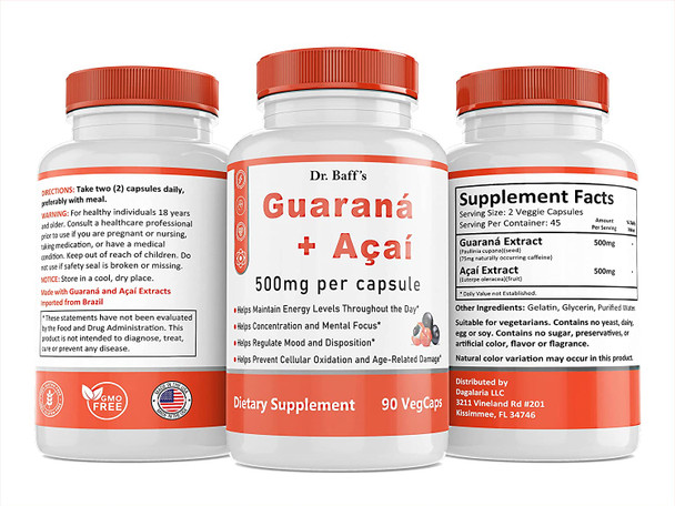 Dr. Baffs Guarana  Acai 500mg Natural Herbal Brazilian Energizer Supplement 90 Vegetarian Capsules