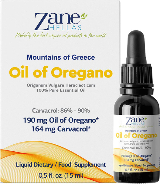 Zane Hellas 190 mg Oregano Oil164 mg Carvacrol per Serving4 Drops Daily. 100 Greek Undiluted Oil of Oregano. 8690 Min Carvacrol. Probably The Best Oregano Oil in The World. 0.5 fl. oz. 15ml.