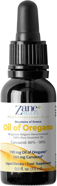 Zane Hellas 190 mg Oregano Oil164 mg Carvacrol per Serving4 Drops Daily. 100 Greek Undiluted Oil of Oregano. 8690 Min Carvacrol. Probably The Best Oregano Oil in The World. 0.5 fl. oz. 15ml.
