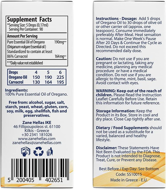 Zane Hellas 190 mg Oregano Oil164 mg Carvacrol per Serving4 Drops Daily. 100 Greek Undiluted Oil of Oregano. 8690 Min Carvacrol. Probably The Best Oregano Oil in The World. 0.5 fl. oz. 15ml.