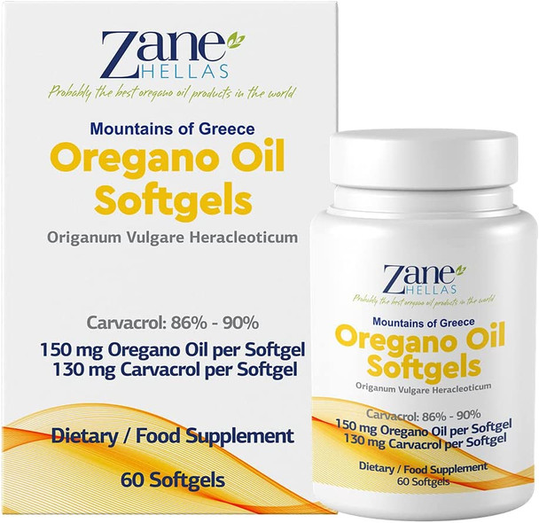 130 mg Carvacrol 150 mg Oregano Oil per Softgel. World Highest Concentration Oregano Oil Capsule. Zane Hellas Oregano Oil. Softgel Contains 30 Greek Essential Oil of Oregano. 240SoftPack of 4.