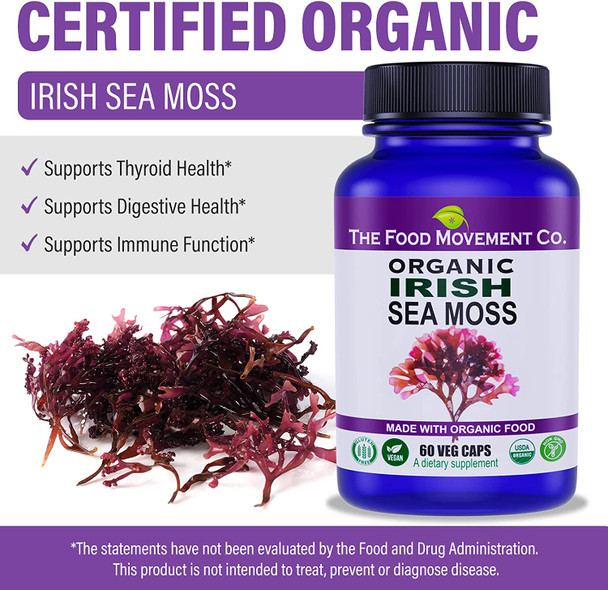 The Food Movement Irish Sea Moss Organic Prebiotic Food Sea Minerals Supports Healthy Detox Thyroid Digestion and Immune Support 60 Vegan Capsules Suitable for Vegetarian and Vegan Diets