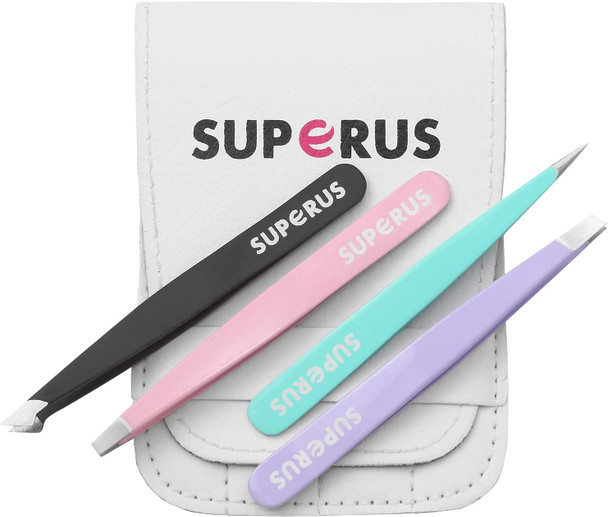 Superus Tweezers Set 4 Pieces Stainless Steel Professional Eyebrow Tweezers set for women Great Precision Tweezers for eyebrows facial hair splinter ingrown hair remover