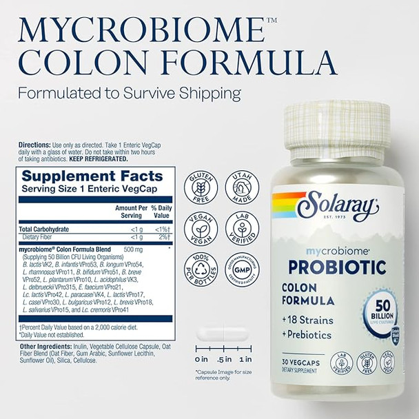 Solaray Mycrobiome Probiotic Colon Formula | Formulated to Support Healthy Intestinal & Colon Function, Immunity & More | 50 Billion CFU | 30 VegCaps