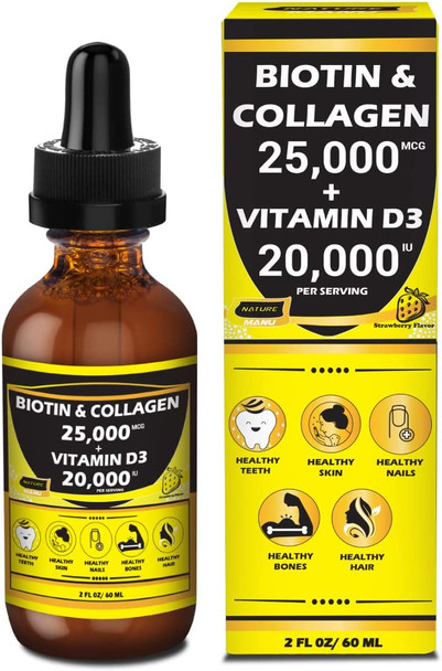 Nature ManuPremium 25000mcg Liquid Biotin  Collagen20000iu Vitamin D3 Allinone Wellness Daily Drops. Supports Healthy Skin Stronger Nails Hair Growth. Tasty Strawberry Flavor 2 FL OZ/60 ML