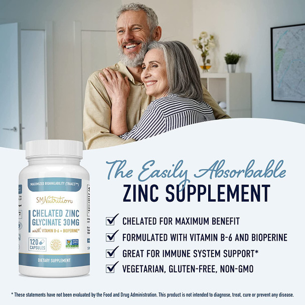 Chelated Zinc Supplements Zinc Glycinate 30 Mg 120 Capsules Highlyabsorbable Traacs Chelated Zinc Bisglycinate Vitamin B6  Bioperine Immune Support Acne  Metabolism Nongmo Glutenfree