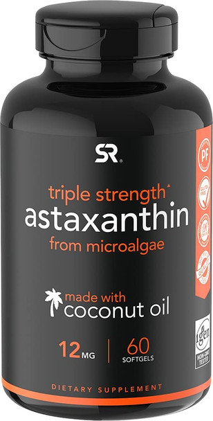 Triple Strength Astaxanthin 12mg with Organic Coconut Oil  NonGMO Soy  Gluten Free 60 Mini Softgels 2 Month Supply