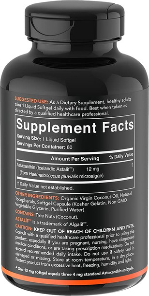 Triple Strength Astaxanthin 12mg with Organic Coconut Oil  NonGMO Soy  Gluten  60 Mini Softgels 2 Month Supply