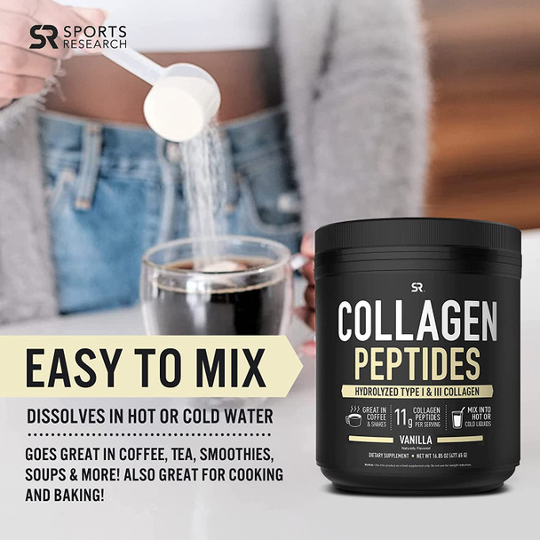 Sports Research Collagen Powder Supplement Vital for Healthy Joints Bones  Nails Hydrolyzed Protein Peptides Great Keto Friendly Nutrition for Men  Women Mix in Drinks Vanilla 16.9 Oz