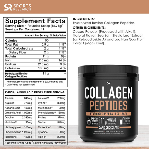 Sports Research Collagen Powder Supplement Vital for Healthy Joints Bones  Nails Hydrolyzed Protein Peptides Great Keto Friendly Nutrition for Men  Women Chocolate 22.72 Oz