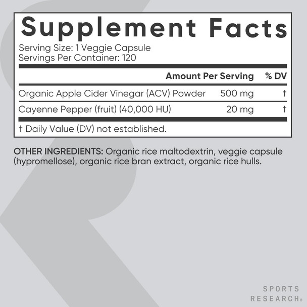Apple Cider Vinegar Pills with Cayenne Pepper  Made from Organic Fermented Apple Cider  NonGMO Project Verified  Vegan  120 Veggie Capsules