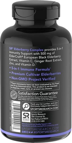 Sports Research Elderberry Immune Support with Zinc Vitamin C  D3 5000IU  Highest Extract 641 Equivalent 32000mg of Organic Elderberries  NonGMO Verified Gluten  60 Veggie Capsules