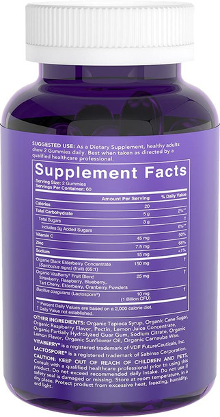 Elderberry Gummies Concentrate 651 with Vitamin C Zinc  Probiotics for Immune Support  Gut Health  USDA Organic Vegan Certified  NonGMO Verified 120 Pectin Gummies