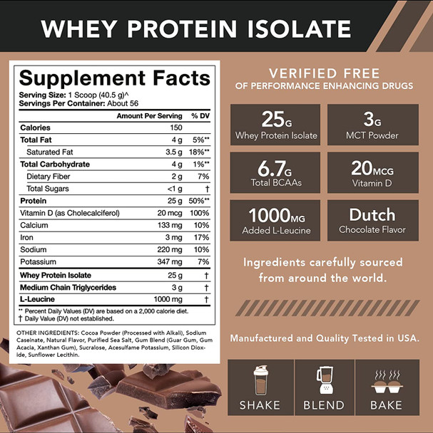 Sports Research Whey Protein Isolate Powder 5lb Dutch Chocolate  LeucineEnriched Amino Acids with 25g of Protein  Gluten Free NonGMO Verified  Instantized for Easy Mixing 56 Servings