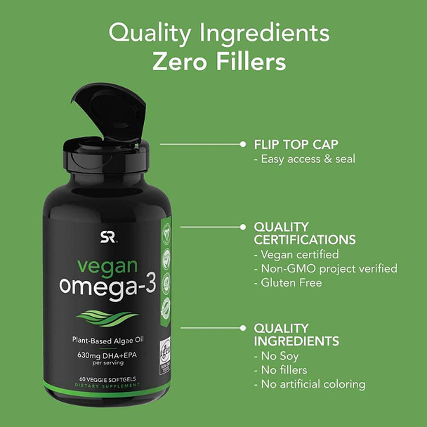 Vegan Omega3 Fish Oil Alternative sourced from Algae Oil  Highest Levels of Vegan DHA  EPA Fatty Acids  NonGMO Verified  Vegan Certified 60 Veggie Softgels Carrageenan Free