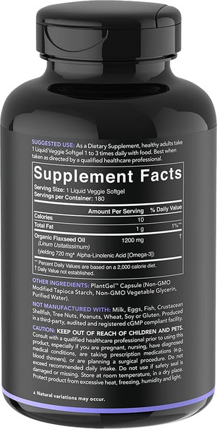 Vegan Flaxseed Oil 1200mg Herbal Supplement with PlantBased ALA Omega 3  Vegan Certified  NonGMO Project Verified  Gluten Soy  Carrageenan Free 180 Veggie softgels