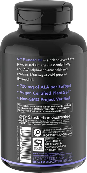 Vegan Flaxseed Oil 1200mg Herbal Supplement with PlantBased ALA Omega 3  Vegan Certified  NonGMO Project Verified  Gluten Soy  Carrageenan Free 180 Veggie softgels