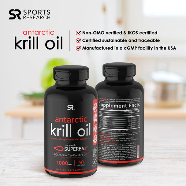 Sports Research Krill Oil Supplement with EPA  DHA Omega 3 Phospholipids  Astaxanthin from Antarctic Krill Highest Concentration of Krill Oil for Men  Women 1000mg 60 Softgel Capsules