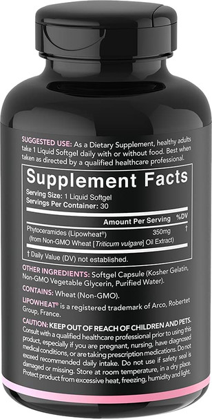 Phytoceramides 350mg Made with Clinically Proven Lipowheat  Plant Derived and GMO  with No Fillers or Synthetic Vitamins 30 Liquid softgels