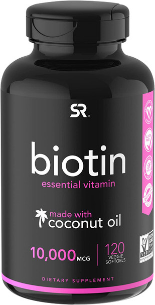 Sports Research Extra Strength Vegan Biotin Vitamin B Supplement with Organic Coconut Oil Supports Keratin for Healthier Hair  Nails Great for Women  Men 10000mcg 120 Veggie Softgel Capsules