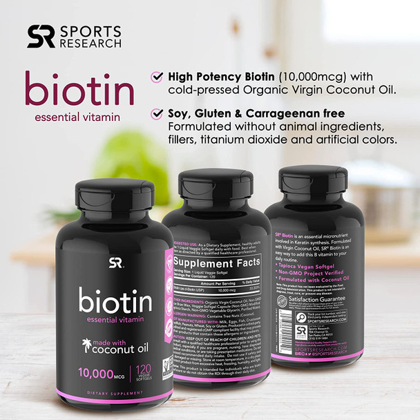 Sports Research Extra Strength Vegan Biotin Vitamin B Supplement with Organic Coconut Oil Supports Keratin for Healthier Hair  Nails Great for Women  Men 10000mcg 120 Veggie Softgel Capsules