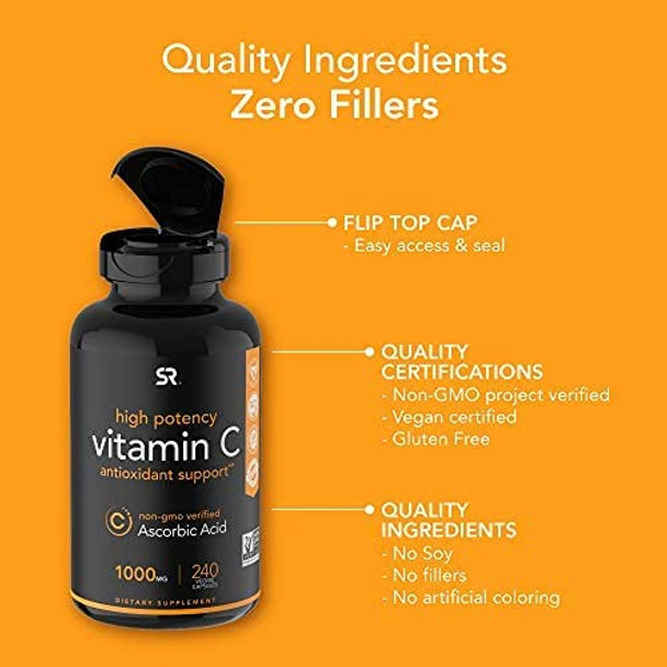 Vitamin C 1000mg 240 VeggieCapsules  NonGMO Project Verified Vitamin C Supplement for Immune Support  Antioxidant Protection