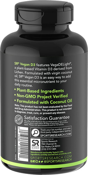 Vegan Vitamin D3 5000iu 125mcg with Coconut Oil  100 PlantBased Vitamin D Supplement for Bone Joint  Immune Support  Carrageenan Free Vegan Certified  NonGMO Verified 60 PlantGels