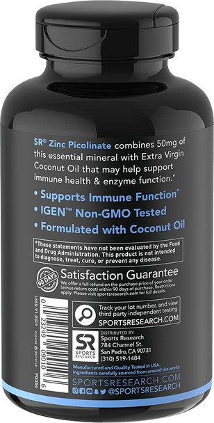 Zinc Picolinate 50mg with Organic Coconut Oil  Highly Absorbable Zinc Supplement for Healthy Immune Function  NonGMO Verified Gluten  Soy Free 60 Liquid Soft gels