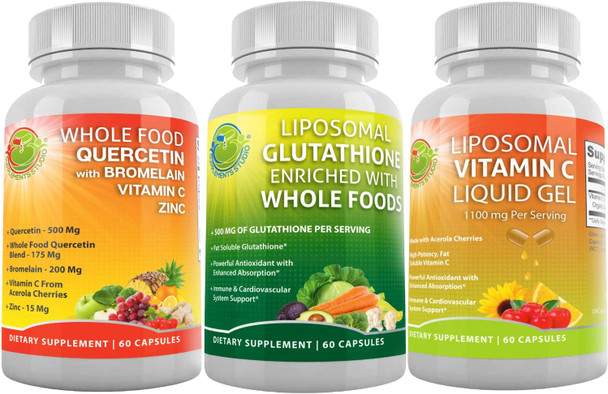 A Month of Total Protection Bundle Liposomal Glutathione Bundle Up with Liposomal Vitamin C for Immune  Cardiovascular Support and Quercetin Bromelain  Zinc Supplement