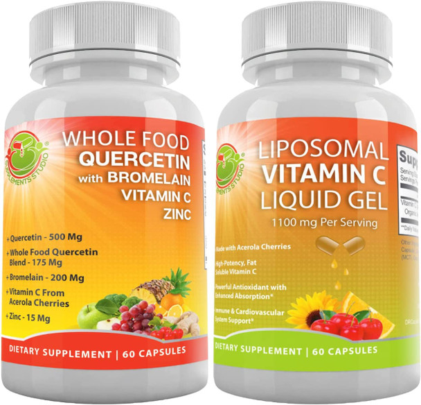Daily Immune Booster Bundle Quercetin with Bromelain Supplement Bundle Up with Liposomal Vitamin C Liquid Gel 1100mg for Day to Day Immune Booster and Overall Health Support