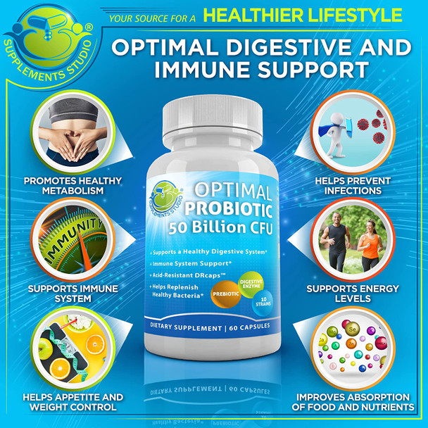 Acidophilus Probiotic 50 Billion Probiotic Multi Enzyme Digestive Formula Vegan Probiotic Prebiotic Supplement Shelf Stable Live Probiotics and Prebiotics for Women and Men 2 Month Supply