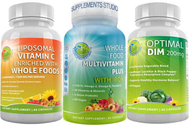 All Day Vegan Supplement Overall Health Support Vegan Whole Food Multivitamin With Iron  Liposomal Vitamin C 1500Mg And Optimal Dim Diindolylmethane Plus Supplement 200Mg