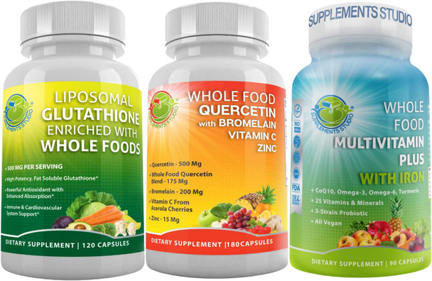 Amazing Multivitamins Bundle Quercetin with Bromelain Supplement Bundle Up with Multivitamin Plus for Men  Women with Iron and Liposomal Glutathione 500mg for Immune System  Overall Support