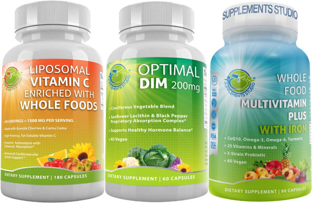 Optimal DIM Diindolylmethane Plus Supplement for Hormonal and Estrogen Balance Bundle Up with Vegan Multivitamin Plus for Men  Women with Iron and Liposomal Vitamin C 1500mg for Overall Support