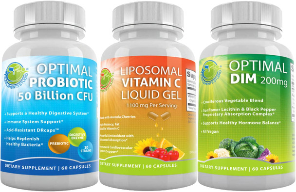 Healthy Gut Hormonal and Immune Support Bundle Liposomal Vitamin C Liquid Gel 1100mg  Optimal DIM Plus Supplement 200mg  Acidophilus Probiotic a Vegan Probiotic Prebiotic Supplement