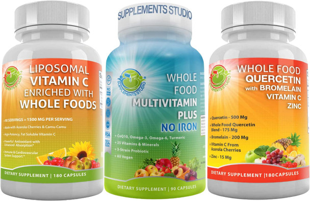 Vegan Supplement for Immune and Overall Health Support Liposomal Vitamin C 1500mg  Vegan Whole Food Multivitamin with No Iron and Quercetin 500mg with BromelainZinc and Vitamin C