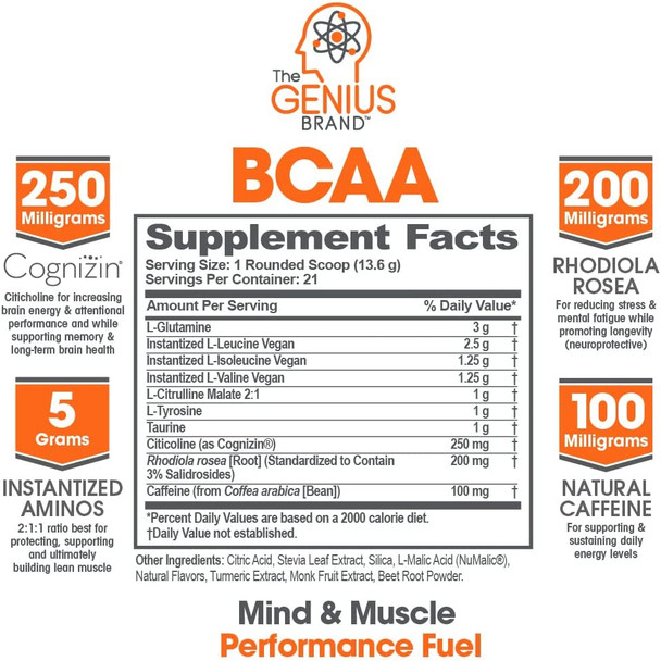 Genius Bcaa Powder with Focus  Energy  Multiuse Natural Vegan Preworkout Bcaas for Mental Clarity and Faster Muscle Recovery Orange 21sv 286g