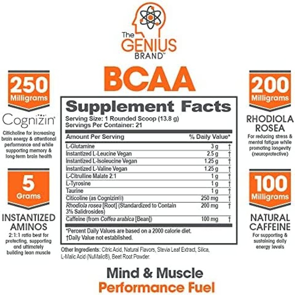Genius BCAA Powder  Nootropic Amino Acids  Muscle Recovery Drink  Natural Vegan Energy BCAAs for Women  Men Pre Intra  Post Workout  Natural Brain Boost  Focus Supplement Grape Limeade290g