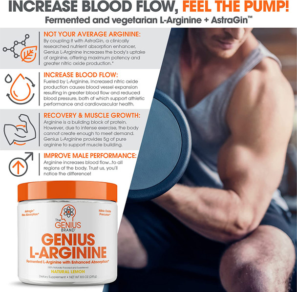 Genius L Arginine Powder Fermented LArginine Nitric Oxide Supplement Natural Muscle Builder  NO Booster for Healthy Blood Pressure Protein Synthesis and Strength Building Lemon 30 Sv