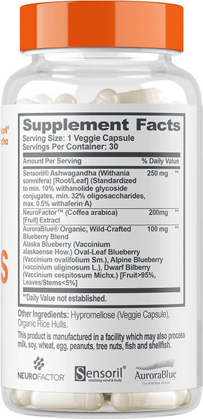 Genius Supplement w/ Ashwagandha Nootropic Brain Booster  Memory Support w/ Blueberry Extract Natural Focus Energy  Serotonin Calm  Cortisol 30 Capsules