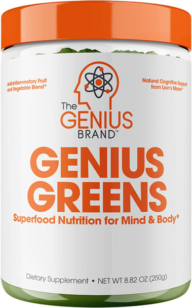 Genius Super Greens Powder Nootropic Supplement Organic Spirulina Powder w/ Lions Mane Kale and Antioxidants  Amazing Green Superfood Juice  Smoothie Mix For Energy Immunity Booster  Vibrance