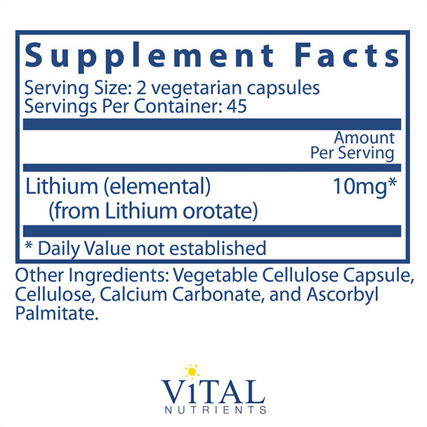 Vital Nutrients 100 Elemental Lithium Orotate Supports Mental and Behavioral Health 90 Vegetarian Capsules per Bottle 5 mg