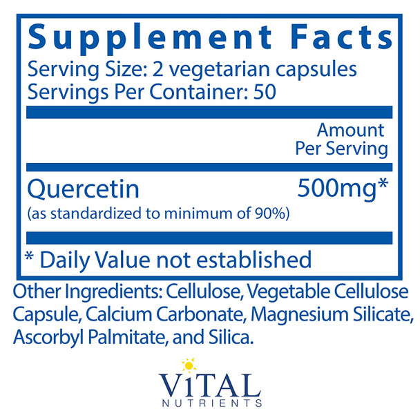 Vital Nutrients Quercetin 250mg Bioflavonoid for Sinus  Immune Support Gluten Free Soy Free Dairy Free 100 Vegetarian Capsules 25Day Supply