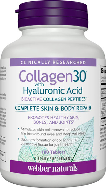 Webber Naturals Collagen30 with Hyaluronic Acid Bioactive Collagen Peptides 180 Tablets Helps Reduce Joint Pain Eye Wrinkles and Fine Facial Line Non GMO