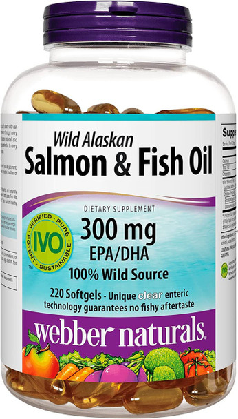 Webber Naturals Fish Oil 1000 mg 220 Clear Enteric Softgels 300 mg of Omega3 Per Pill No Fishy Aftertaste UltraPurified for Health Brain and Cardiovascular Health NonGMO