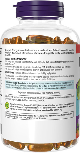 Webber Naturals Triple Omega 3-6-9, 2400 mg Fish Oil Per Serving, High Potency, 180 Softgels, No Fishy Aftertaste, Ultra-Purified, for Heart, Brain and Cardiovascular Health, Shellfish-Free