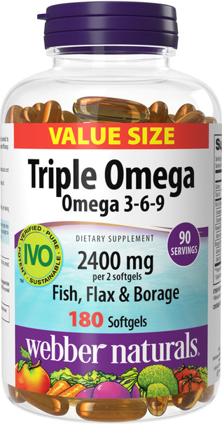 Webber Naturals Triple Omega 3-6-9, 2400 mg Fish Oil Per Serving, High Potency, 180 Softgels, No Fishy Aftertaste, Ultra-Purified, for Heart, Brain and Cardiovascular Health, Shellfish-Free