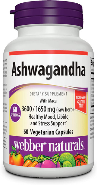 Webber Naturals Ashwagandha with Maca 3600 mg of Ashwagandha Root with 1650 mg of Maca Root Per Pill 60 Vegetarian Capsules Gluten Free NonGMO