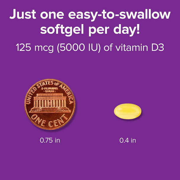 Webber Naturals Vitamin D3 5000 IU 125 mcg 360 Softgels for Immune and Bone Support Gluten and Dairy  NonGMO Delivered in Organic Flaxseed Oil to Improve bioavailability 1 Year Supply