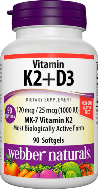 Webber Naturals Vitamin K2 MK7 120 mcg with Vitamin D3 1000 IU 90 Softgels Supports Bones Teeth and Cardiovascular System Vitamin Supplement Gluten Free and NonGMO